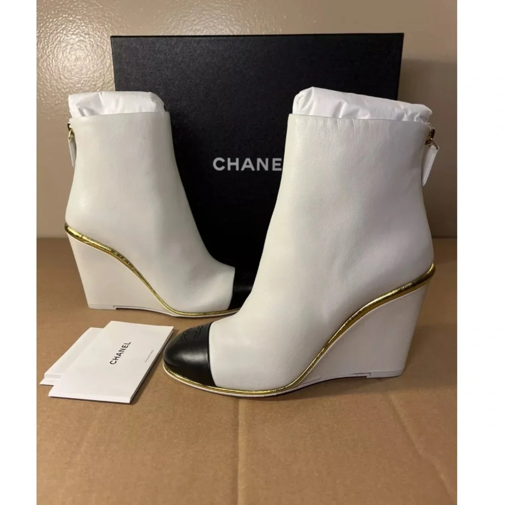 NWT CHANEL white black and gold wedge booties